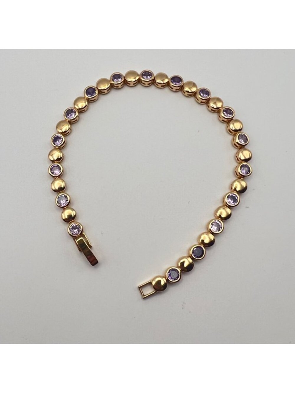 Purple CZ Gold-Tone Bracelet Bezel Set Tennis 7.5" Signed CM Stack Dainty Dressy - Picture 5 of 9